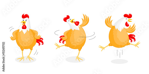 Set of happy chicken dancing. Rooster year character design, vector illustration isolated on white background.