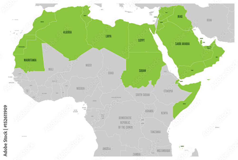 Arab World states political map with higlighted 22 arabic-speaking countries of the Arab League. Northern Africa and Middle East region. Vector illustration.