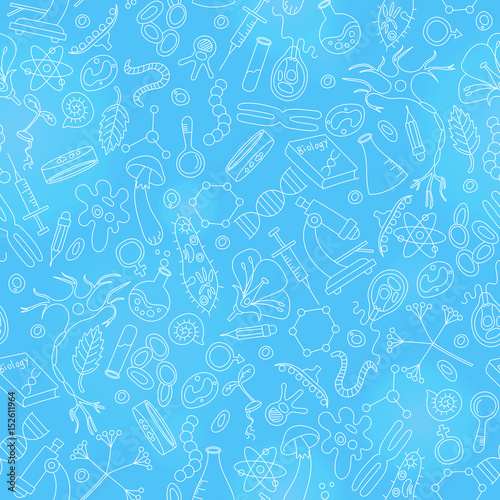Seamless background on a theme of biology and education, light contour on blue background