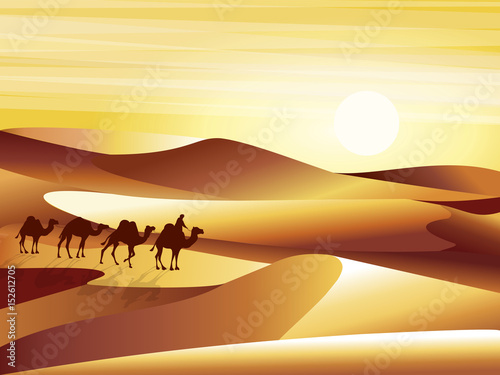Landscape background desert with dunes, barkhans and caravan of camels vector illustration.