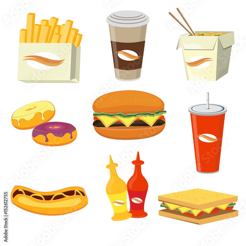 Fast food meals and drinks flat icons vector illustration.