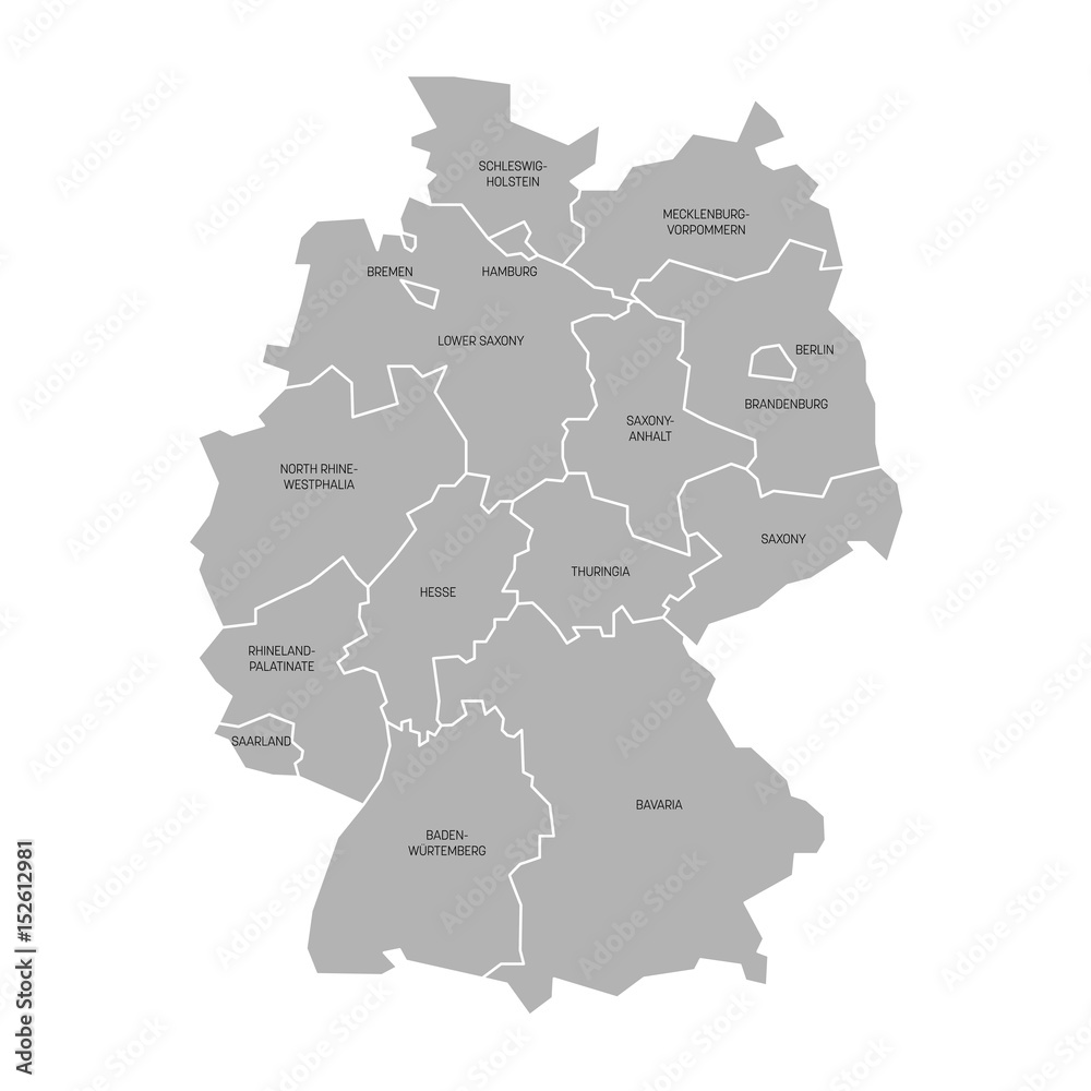 Map of Germany devided to 13 federal states and 3 city-states - Berlin, Bremen and Hamburg, Europe. Simple flat grey vector map with black labels.