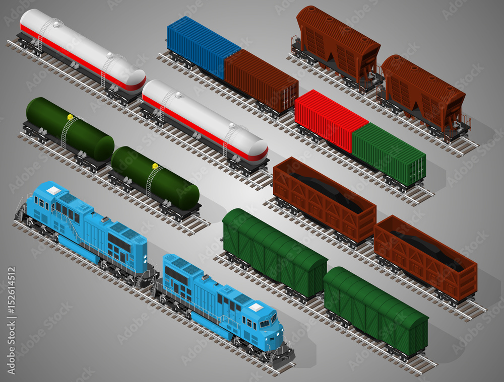 Vector isometric illustration of a set of railway trains consisting of ...
