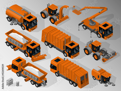 Vector isometric illustration of set of garbage trucks and road sweepers, snowplow trucks and tractors. Equipment for maintenance of urban infrastructure.