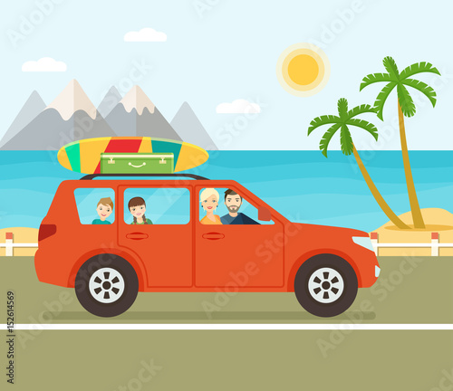 Funny red car with surfboard and suitcases on a beach with palms behind. Family trip by car. Vector flat illustration
