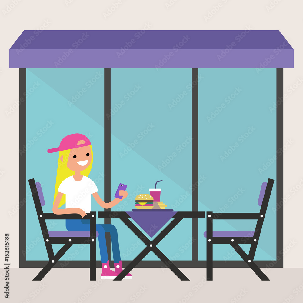 Fototapeta premium Young blonde girl sitting on the restaurant terrace under the awning and making a photo of her dinner / editable flat vector illustration