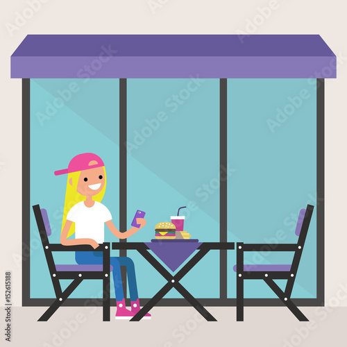 Young blonde girl sitting on the restaurant terrace under the awning and making a photo of her dinner / editable flat vector illustration