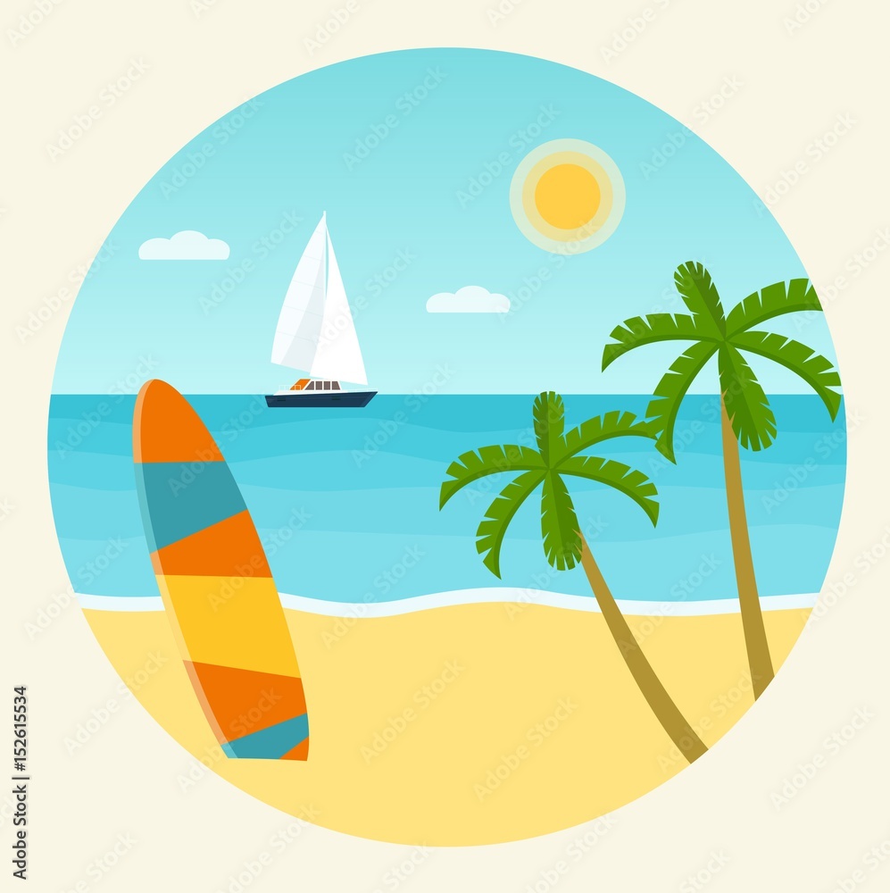 Surfboards on a beach. Palm tree and blue sea. Vector flat illustration