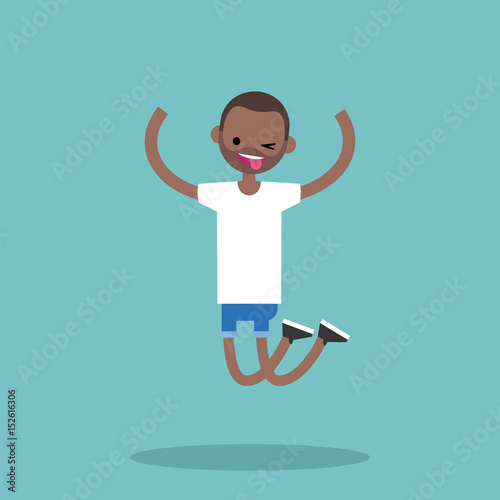 Young winking jumping black guy / flat editable vector illustration