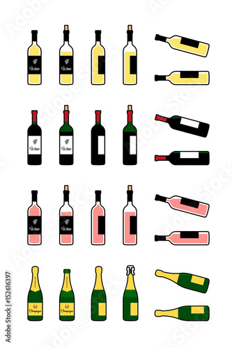 Wine and champagne bottles icons set. Bottle full, open, lying on side