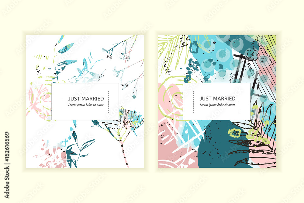 Wedding invitation card. Abstract trendy colors wedding invitation. Cards set with palm leaves and flowers. Universal floral cards.