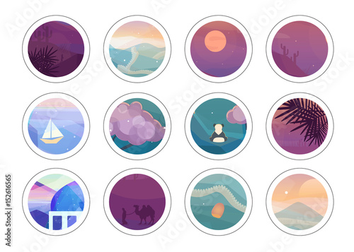 Romantic painting circles with different low polygon style textures. Vector landscapes illustration. Trendy stickers set.