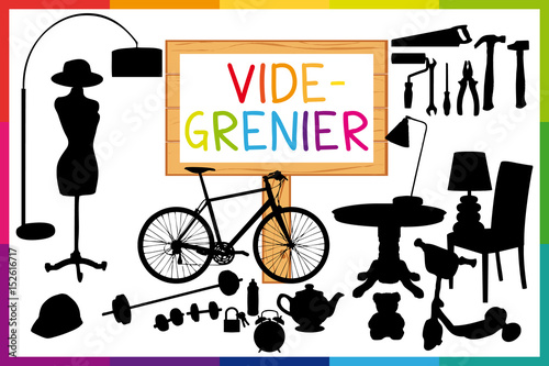 Vide grenier illustration. Panneau en bois et cadre coloré.