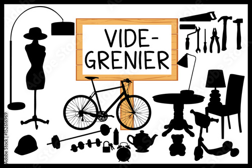 Vide grenier illustration. Panneau en bois et cadre noir.