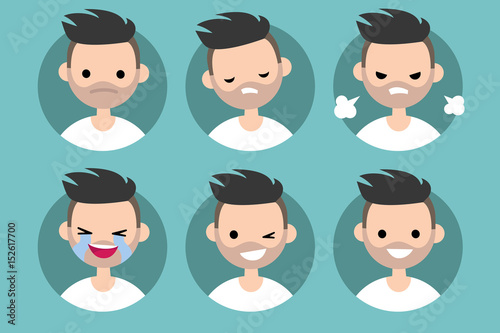 Bearded man profile pics / Set of flat vector portraits. upset, offended, angry, laughing, winking, smiling
