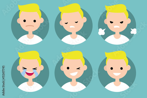 Blonde pale man profile pics / Set of flat vector portraits: upset, offended, angry, laughing, winking, smiling