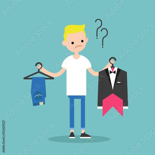Difficult choice. Young blonde boy trying to decide what to wear for the event / Flat vector clip art illustration