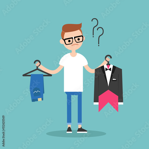 Difficult choice. Young teenage nerd trying to decide what to wear for the prom / Flat vector clip art illustration