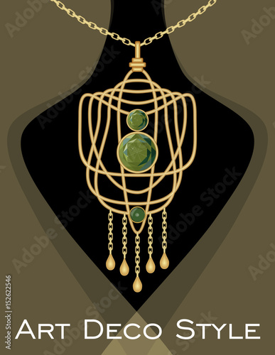 Luxurious art deco pendant with green gems emerald on gold chain, fashion in victorian style, antique jewel