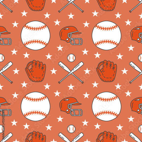 Baseball, softball sport game vector seamless pattern, background with line icons of balls, player, gloves, bat, helmet. Flat signs for championship, equipment store.