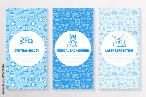 Ophthalmology, medical brochure template, flyer. Eye health care thin line icons laser vision correction, eyesight check, doctor. Cute illustration for hospital poster. Vector trifold blue background.