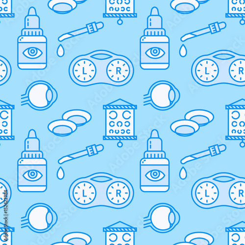 Ophthalmology, eyes health care seamless pattern, medical vector background of blue color. Contact lenses thin line icons, eye drops. Vision correction cute repeated illustration for oculist clinic.
