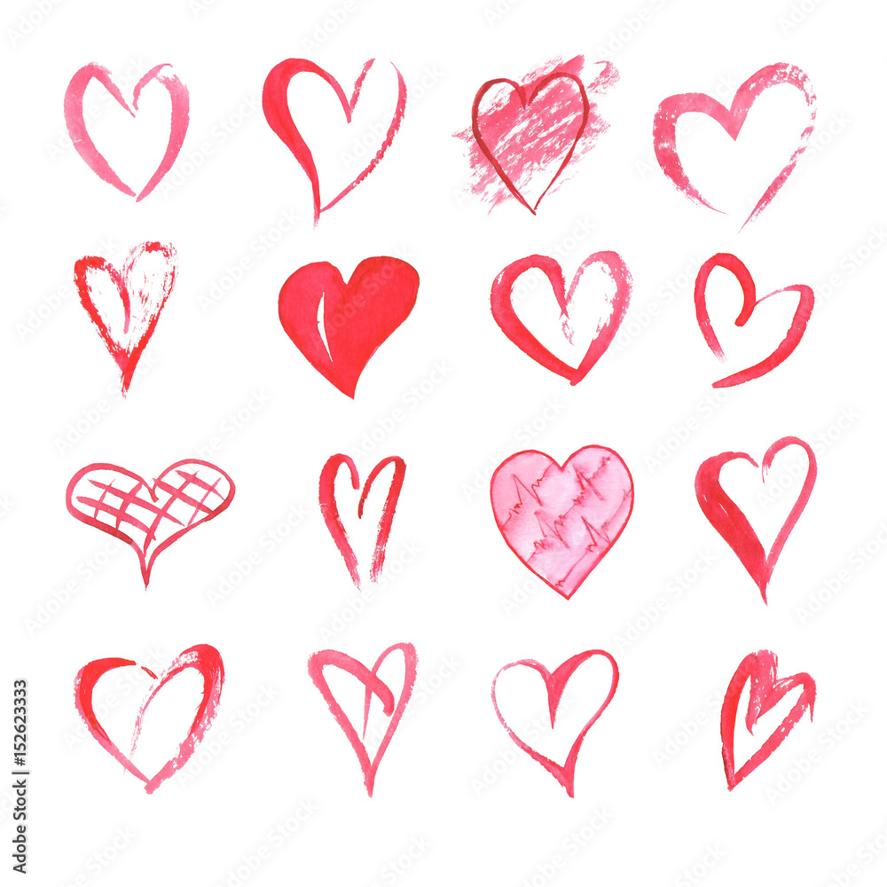 Set of watercolor hearts on white background . Sketch style icons collection. Watercolor illustration