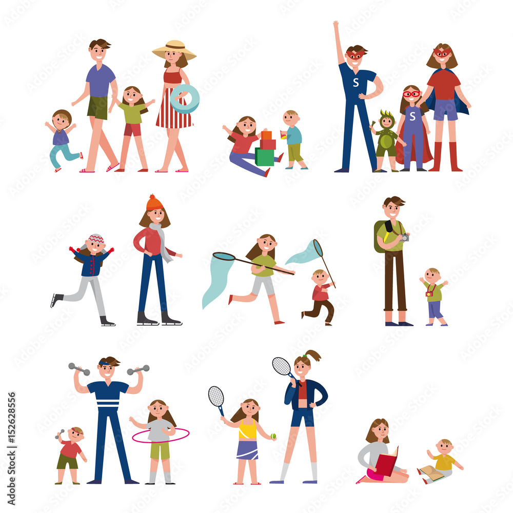 Happy moments in family life, activity and leisure. Family set colorful characters with parents and children vector Illustrations