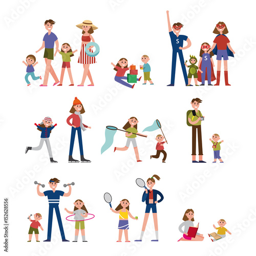 Happy moments in family life, activity and leisure. Family set colorful characters with parents and children vector Illustrations