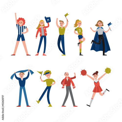 Smiling sport fans and supporters characters. Support for team sports vector Illustrations
