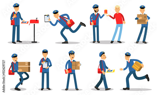 Postman characters in different situations set. Mailmen in different situations doing their job cartoon vector Illustrations photo