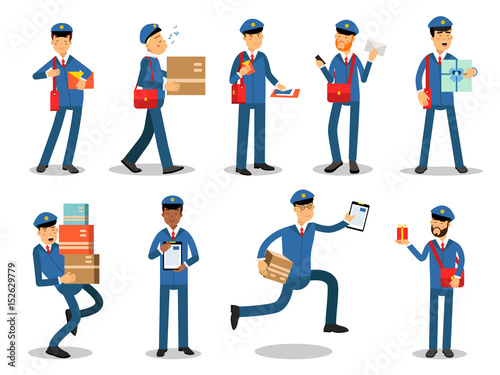 Postman characters doing their job set. Cheerful mailmen in different situations cartoon vector Illustrations