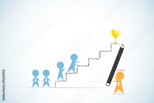 leader holding pencil to write ladder line for team to success, leadership and business concept