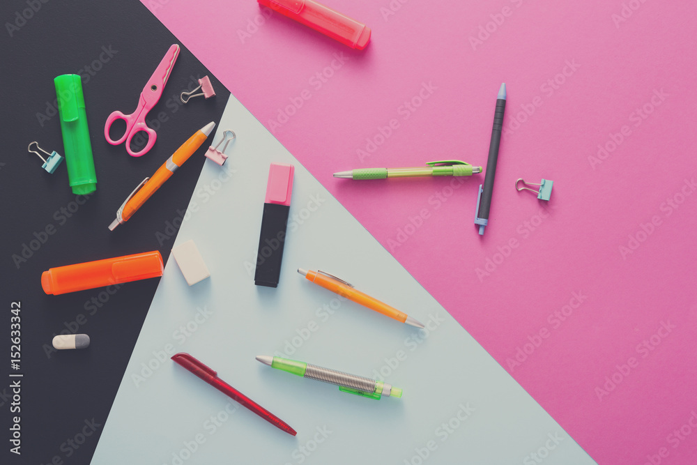 Top view of creative work space, stationery