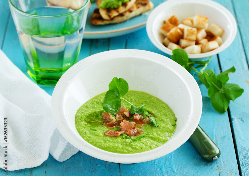Soup of green peas with bacon and mint. Soup of green peas with bacon and mint.