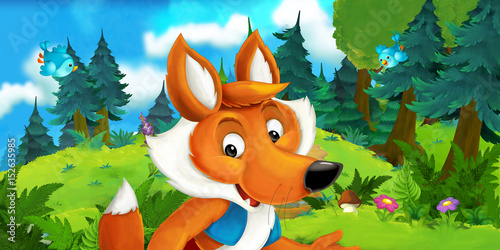 Cartoon scene of a happy fox standing and watching - illustration for children