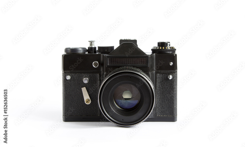 Black Vintage Photo Camera With Lense Isolated on a White Background