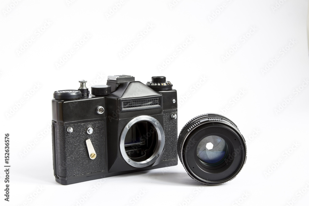 Black Retro Photo Camera With Lense Isolated On White Background