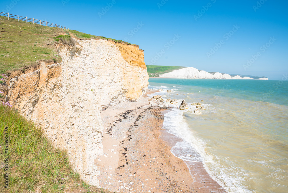 The Seven Sisters Chalk cliffs view from Seaford Head South Downs East Sussex England UK