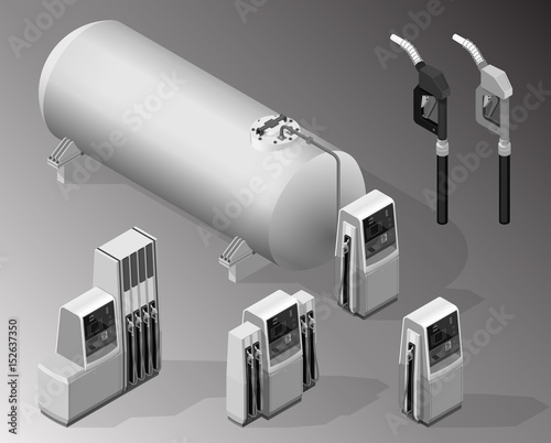 Vector isometric illustration of the fuel dispensers, gas pumps, petrol pumps with a tank, fuel nozzles. Equipment for the fueling station.