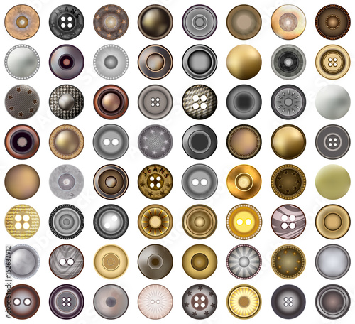 Realistic Accessories Metal Jeans Round Button or Rivets Set Web Design Element. Vector 3d illustration isolated on white. Mega collection of old vintage sewing buttons.
