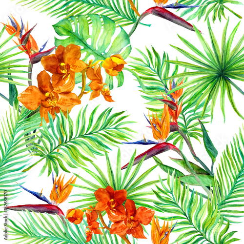 Tropical forest leaves, exotic flowers - wild orchid, bird flower. Seamless pattern. Watercolor