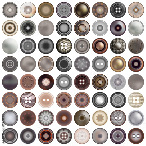 Various sewing buttons isolated on white. Mega set of realistic metal round button set. 3d illustration. vector.