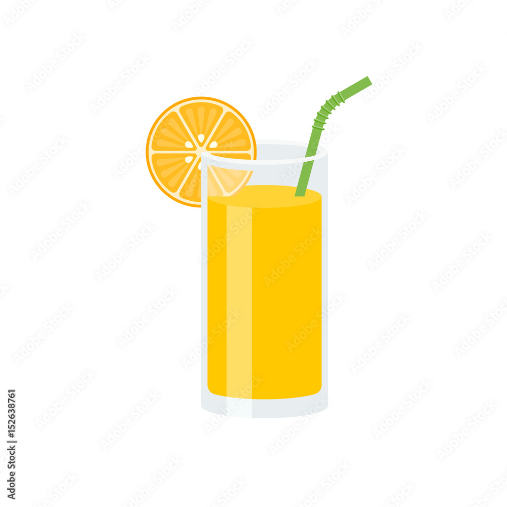 Orange juice with slice of orange and green straw, flat design vector Orange juice with slice of orange and green straw, flat design vector