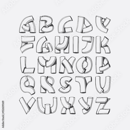 Hand drawn vector font, imitation of 3d letters. Abc sequence from A to Z, isolated on background. Alphabet illustration, good for lettering, titles, writing. Imperfect characters drawn with shadows