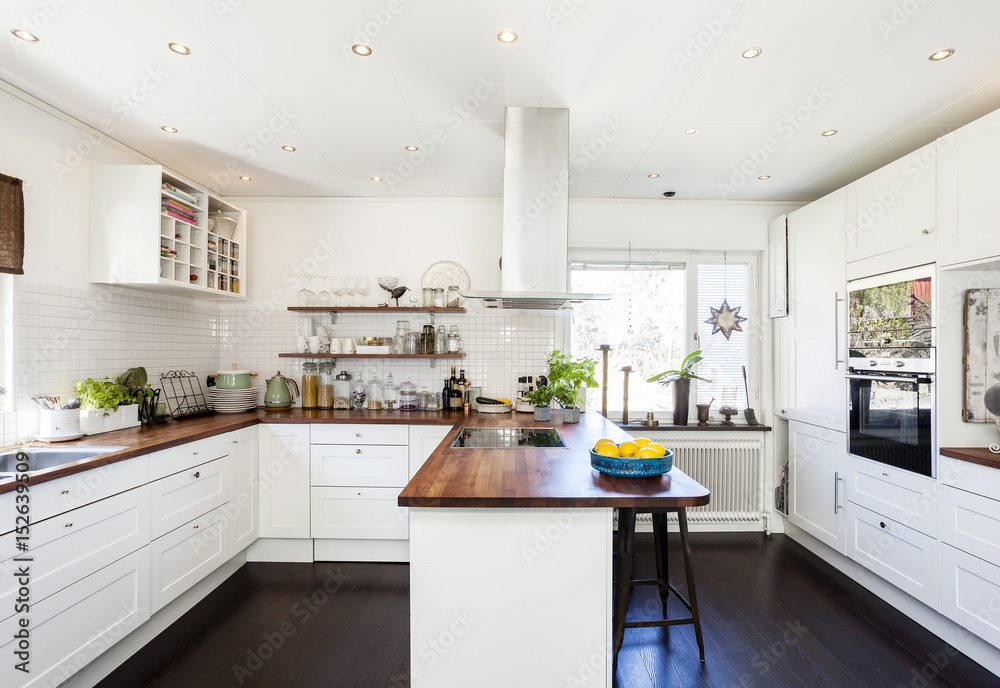 fancy kitchen interior with dark wooden floor and white cupboards fancy kitchen interior with dark wooden floor and white cupboards