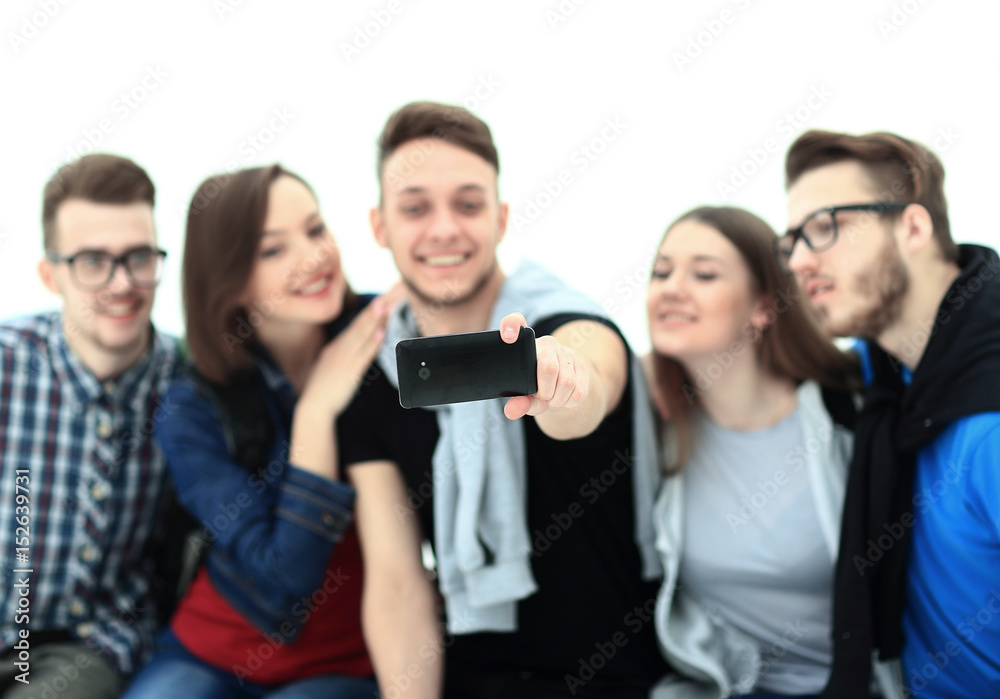 Obraz premium Group of happy young teenager students taking selfie photo isolated on white background