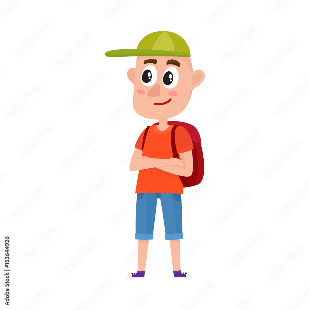 Funny teenage boy tourist with backpack wearing shorts and baseball cap, cartoon vector illustration isolated on white background. Full length portrait of boy, student, traveling on vacation