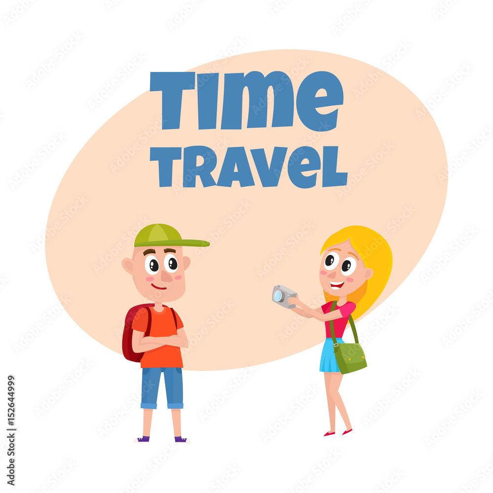Travel time poster, banner, postcard design with tourist couple, cartoon vector illustration on white background. Travel agency, tour ad design template with cartoon, comic tourist, man and woman Travel time poster, banner, postcard design with tourist couple, cartoon vector illustration on white background. Travel agency, tour ad design template with cartoon, comic tourist, man and woman