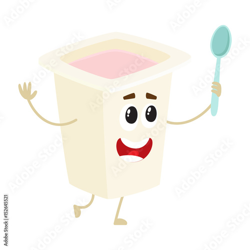 Funny yogurt character with smiling human face in plastic cup, cartoon vector illustration isolated on white background. Cute and funny yogurt character, dairy product mascot holding a spoon